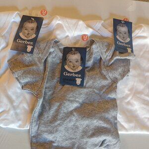 NWT 3 Gerber Onesies Sz 12M Gray White Solid Colors NEW on Hangers Baby Infant